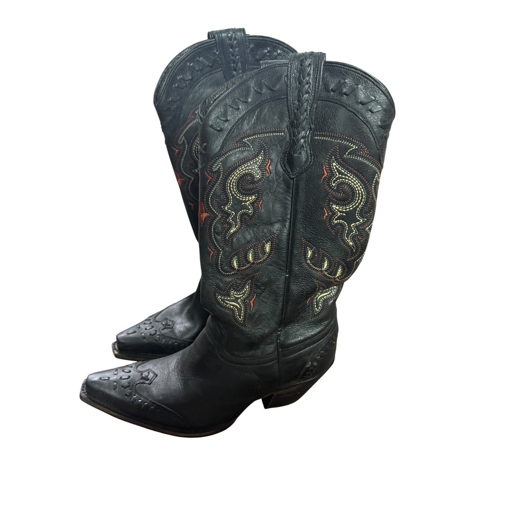 Lucchese Womens Black Leather Embroidered Western Cowboy Boots Pointed Toe S8.5